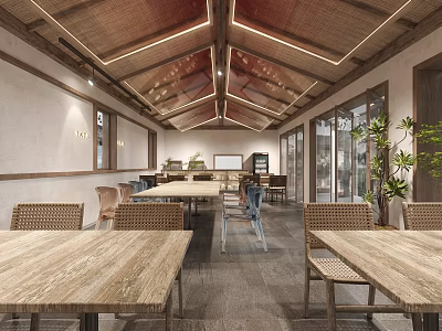 Rustic Restaurant Interior With Wooden Tables Chairs Ceiling Lighting And Green Plants 3d model