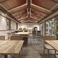 Rustic Restaurant Interior With Wooden Tables Chairs Ceiling Lighting And Green Plants