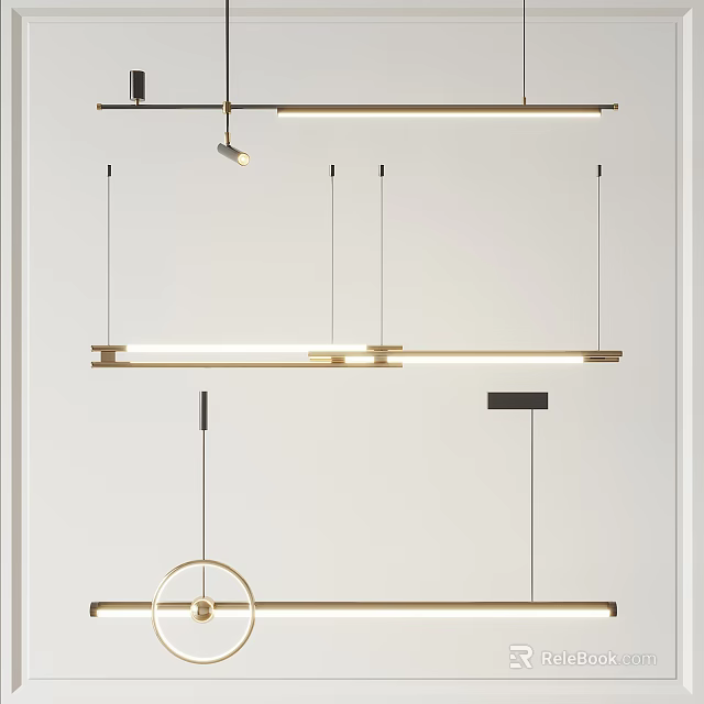 Modern Pendant Lights With Gold Linear Frame And Adjustable Hanging Rods 3d model
