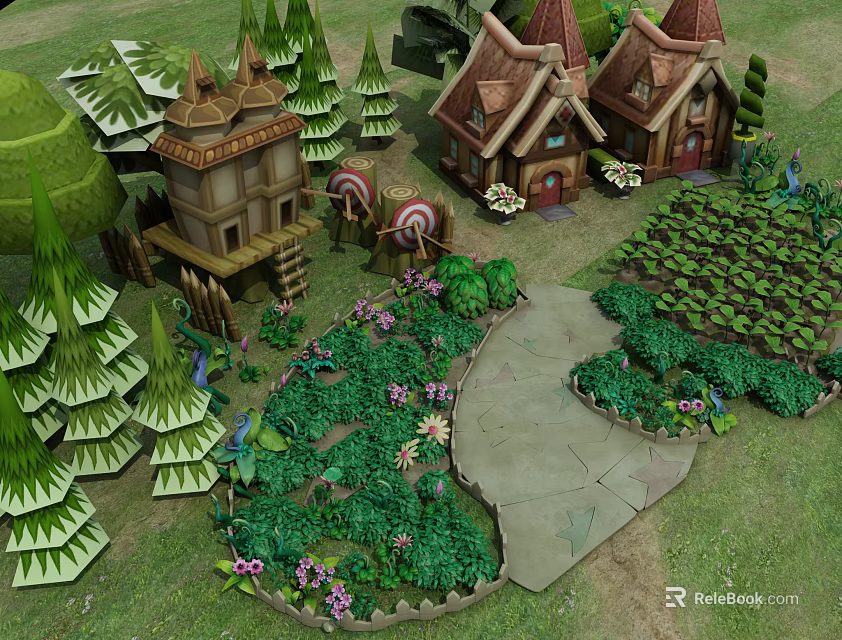 Cute Cartoon Scene With Whimsical Cottages Tall Trees And Lush Garden Path 3d model 