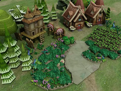 Cute Cartoon Scene With Whimsical Cottages Tall Trees And Lush Garden Path 3d model