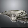 Detailed Crocodile Model with Scaly Skin Open Jaws Surrounded by Plants Rocks on Display Stand