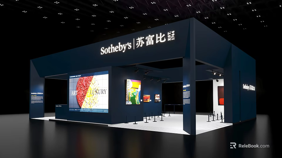 Sotheby's Exhibition Booth With Large Screen Displaying Artworks And Deep Blue Design 3d model 