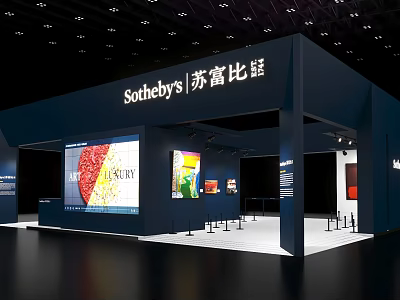 Sotheby's Exhibition Booth With Large Screen Displaying Artworks And Deep Blue Design 3d model