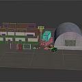 Cartoon Scene With Multi Story Red White Block Buildings Small Green House Dome And Vehicles