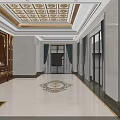 Luxurious Hotel Lobby Interior With Ornate Ceiling Wooden Backdrop And Marble Floor Inlaid Pattern