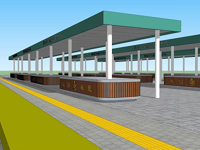 Bus Station Platform With Green Roof White Pillars Wooden Benches And Yellow Safety Line 3d model