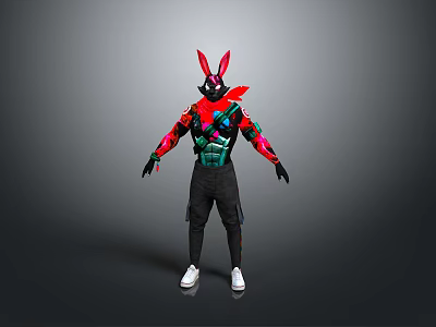 Vibrant Character With Rabbit Ears And Red Green Pink Costume Standing In Pose 3d model