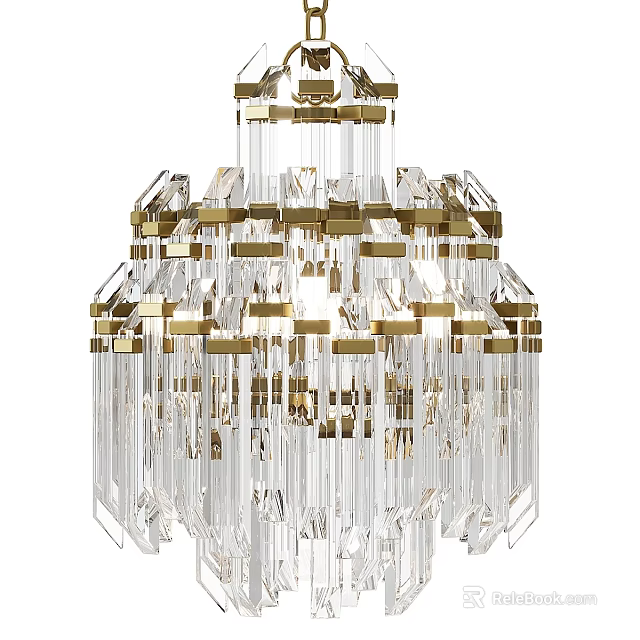 Modern Multi Tiered Chandelier With Golden Metal Frames And Transparent Crystal Strips 3d model 
