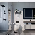 Modern Bathroom Interior With Glass Shower White Tiles Vanity Large Mirror And Toilet