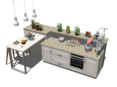Modern Kitchen Interior With Light Countertop Island Plants Appliances And Cabinets 3d model