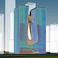 Modern High Rise Office Building With Unique Curved Glass Facade And Urban Skyline