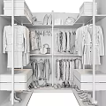 Modern Walk-in Closet Interior With Transparent Curtains Hanging Clothes Bags And Shoes