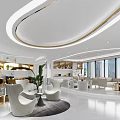 Modern Office Interior Design With Reception White Furniture Green Plants Pendant Lights And City View