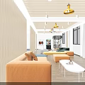 Modern Interior Lounge Space With Vertical Wooden Slats Partition Sofa And TV Screen