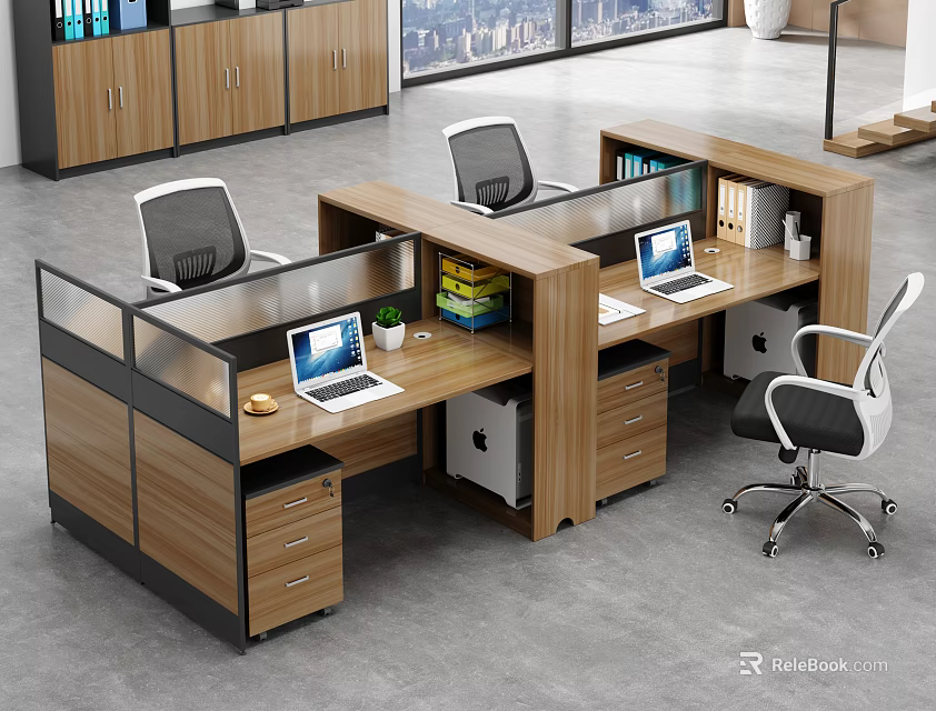 Modern Partitioned Dual Workstation Office Desk With Laptops Ergonomic Chairs And Storage Drawers 3d model 