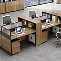 Modern Partitioned Dual Workstation Office Desk With Laptops Ergonomic Chairs And Storage Drawers