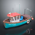Blue And Brown Yacht Featuring Red Top Cabin Lifebuoy IH102