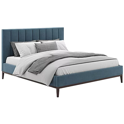 Modern Navy Blue Tufted Upholstered Headboard Double Bed With White Sheets Gray Blanket And Pillows 3d model