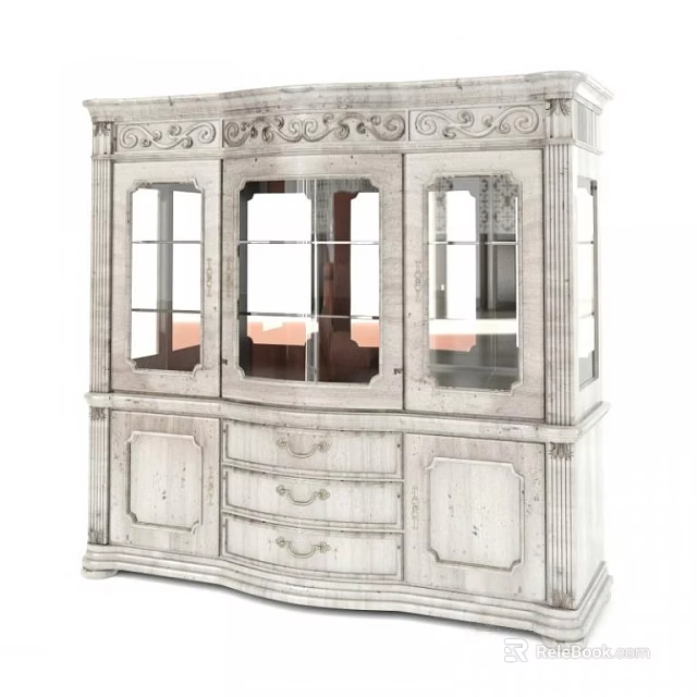 Classic White Wine Cabinet With Carved Details Glass Doors Drawers And Cabinet Doors 3d model 