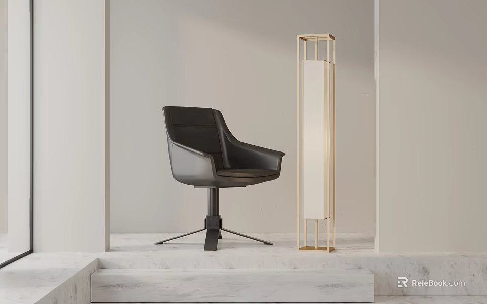 Black Modern Office Chair With Golden Floor Lamp In Light Colored Room With Marble Steps 3d model 