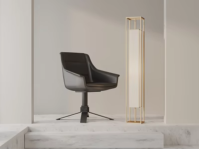 Black Modern Office Chair With Golden Floor Lamp In Light Colored Room With Marble Steps 3d model