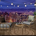 Outdoor Rattan Lounge Chairs With Side Table And String Lights Overlooking City Night View