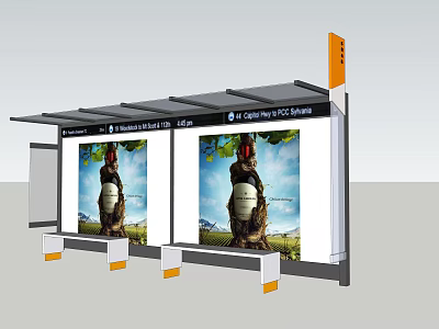 Modern Bus Stop Shelter With Advertising Billboards Displaying Bus 3d model