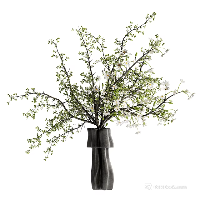 Gray Vase With White Small Flowers Green Foliage Minimalist Floral Arrangement 3d model 