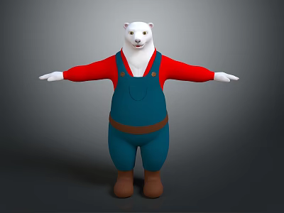 Cartoon Polar Bear Character In Red Shirt Blue Overalls And Brown Boots With Arms Outstretched 3d model