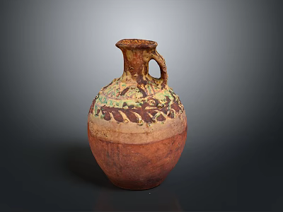 Hand Carved Artisanal Clay Pot With Colorful Patterns And Decorative Handle 3d model