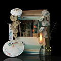 Antique Chinese Tea Scene With Paper Umbrellas Lanterns Bamboo And Thatched Decorations