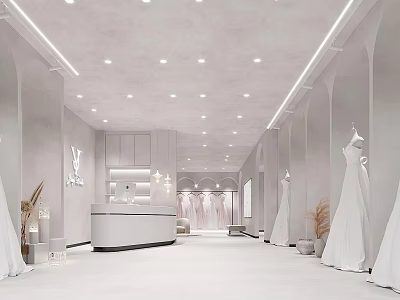 Elegant Modern Clothing Store Interior With White Wedding Dresses Display Counter And Mannequins 3d model