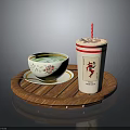 Wooden Tray Holding Drink with Straw and Patterned Teacup on Small Saucer