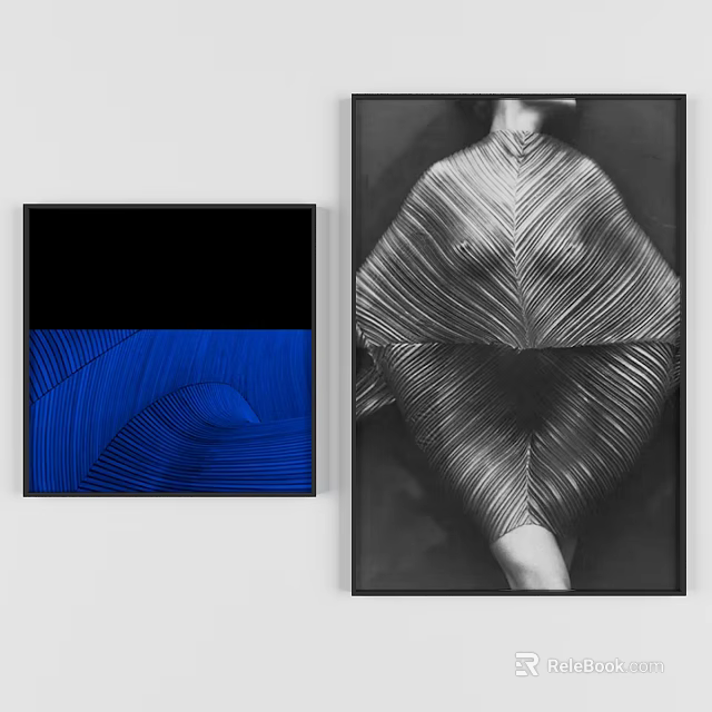 Black and White Figure Painting With Leaf Texture And Blue Geometric Wall Art 3d model 