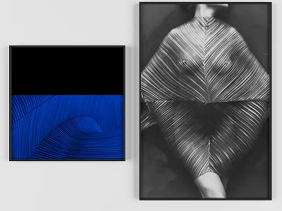 Black and White Figure Painting With Leaf Texture And Blue Geometric Wall Art 3d model
