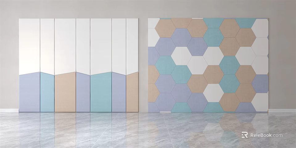 Modern Soft Upholstered Wall Panels With Hexagon Wave Patterns In Blue Beige White Tones 3d model 