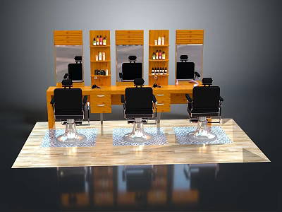 Modern Barbershop Interior With Black Barber Chairs Mirrors Wooden Counter And Hair Product Shelves 3d model