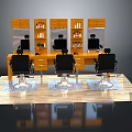 Modern Barbershop Interior With Black Barber Chairs Mirrors Wooden Counter And Hair Product Shelves
