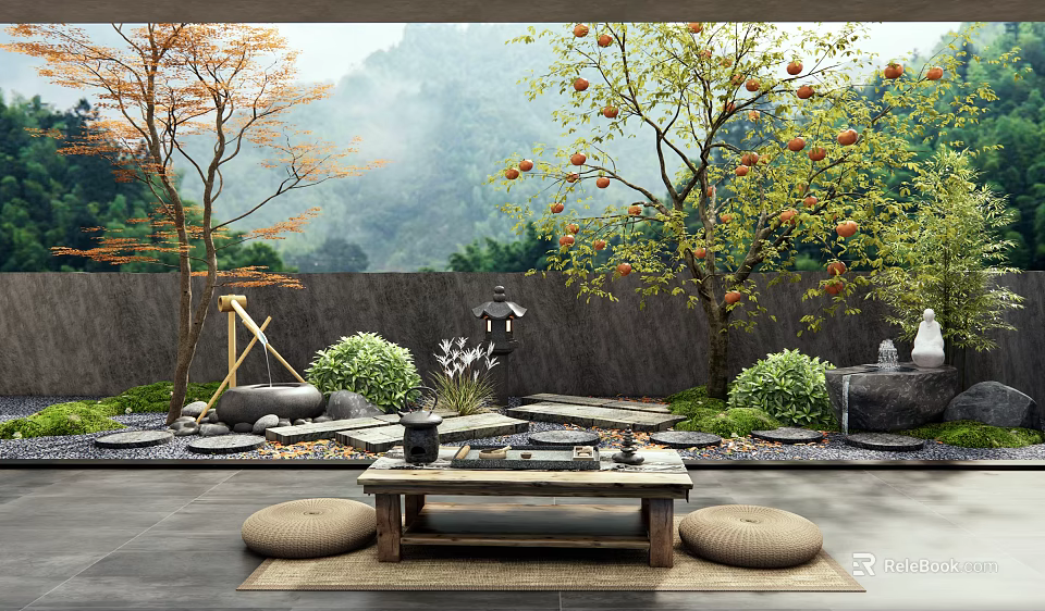 Traditional Garden With Orange Fruit Trees Stone Wall Lantern Table Round Cushions And Misty Mountain 3d model 