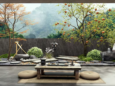 Traditional Garden With Orange Fruit Trees Stone Wall Lantern Table Round Cushions And Misty Mountain 3d model