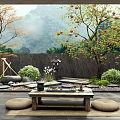 Traditional Garden With Orange Fruit Trees Stone Wall Lantern Table Round Cushions And Misty Mountain