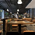 Modern Hot Pot Restaurant Interior With Green Wall Wooden Decor And Bull Sculpture
