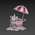 Vibrant Ice Cream Cart With Red And White Striped Umbrella Cones And Fruits