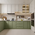 Modern Kitchen Interior With Green White Cabinets Refrigerator Oven And Countertop