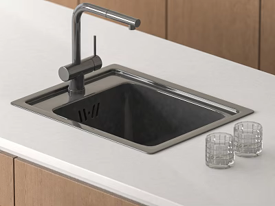 Stainless Steel Kitchen Sink With Modern Faucet On White Countertop And Wooden Cabinets 3d model