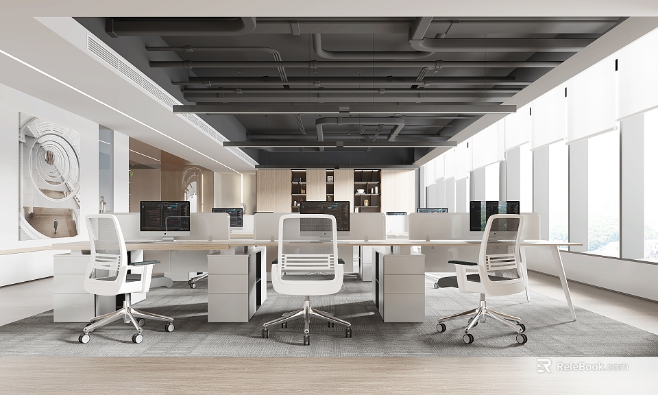 Modern Public Office Space With Open Layout Desks Office Chairs And Computers 3d model 