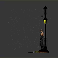 Decorative Street Lamp With Yellow Light And Standing Figure On Grass Base With Raindrops
