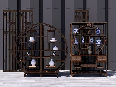 Traditional Chinese Curio Cabinets With Circular Square Frames And Blue White Porcelain Decorations 3d model