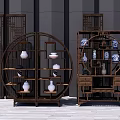 Traditional Chinese Curio Cabinets With Circular Square Frames And Blue White Porcelain Decorations